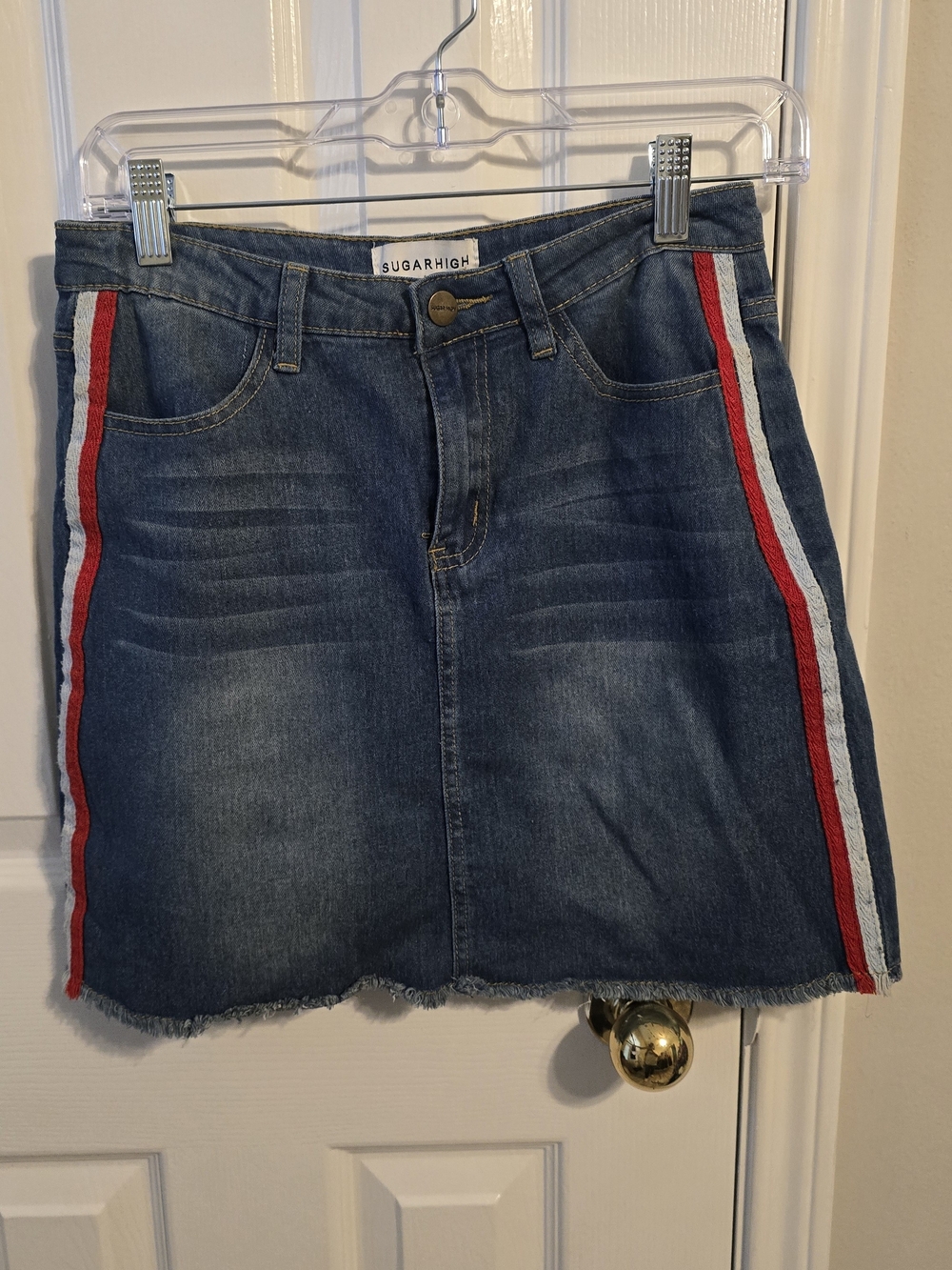Sugarhigh Denim Mini Skirt in Blue with Red & White Side Stripes